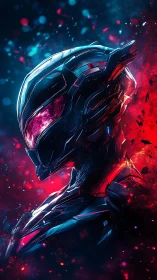 Neon-lit cybernetic exosuit portrait shows emissive armor geometry