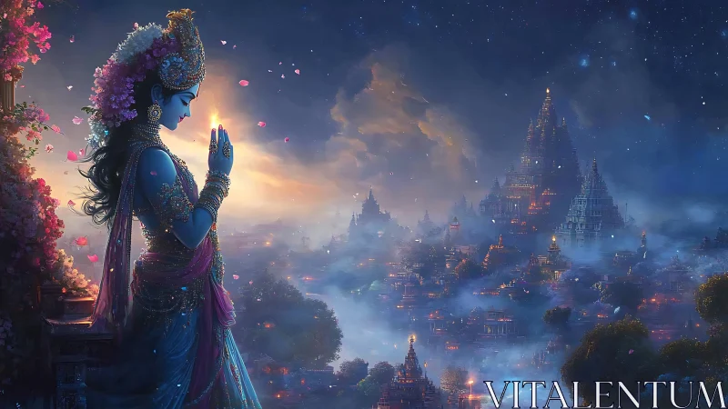 Midnight goddess blessing a star-swept celestial cityscape.