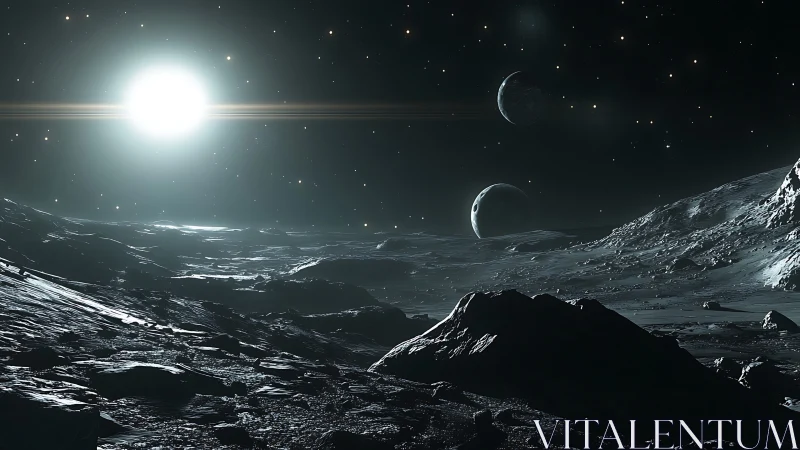 Starlit icy terrain shows distant planets above rough horizon