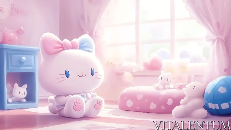 Big pastel kitten plush sits in sunlit pink nursery