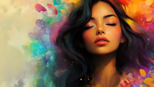 Digital portrait with serene woman amid vivid color bloom.
