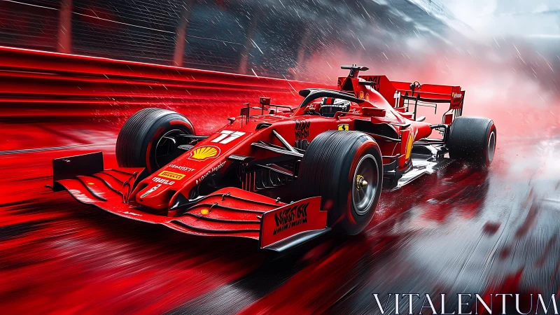 Hydrodynamic motion study of a red Formula 1 car in rain