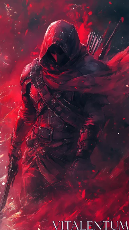 Hooded rogue strides through crimson flames in silence