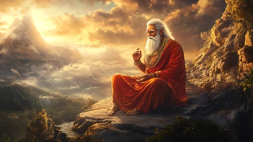 Golden hour serenity as an orange robed sage rests in thought