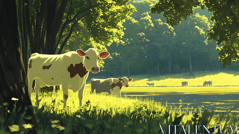 Cows stand in sunlit pasture beside a reflective water body