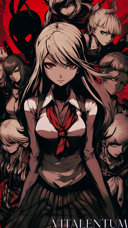 Red-eyed anime heroine leading dark ensemble cast.