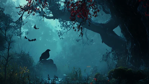 Nocturnal raven and bats dominate a mist-laden haunted forest