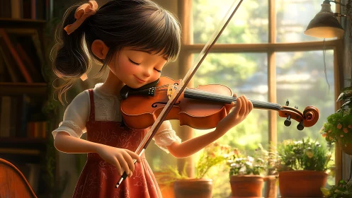 Sunlit procedural render of child violinist amid potted flora.