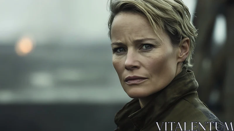 Close portrait of short-haired person in muted outdoor setting.