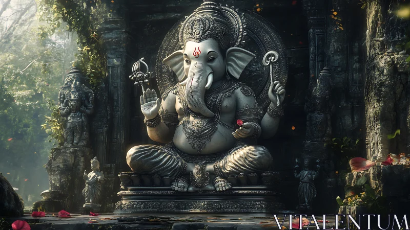 Ganesh stone idol glows amid overgrown jungle shrine.