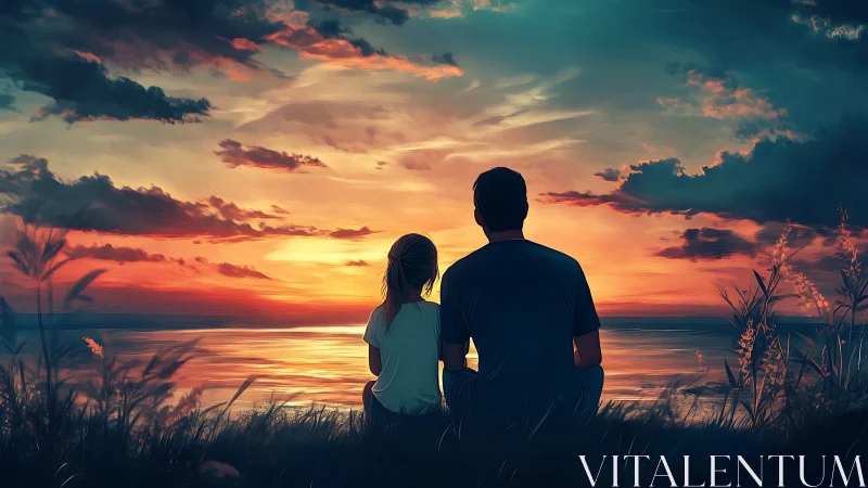 Silhouetted figures viewing sunset over calm shoreline.