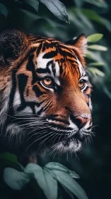 Tiger head in dense foliage with focused lateral profile view.