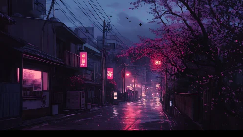 Pink evening rain paints a quiet cherry blossom street
