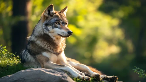 Calm forest wolf resting softly in golden evening light.
