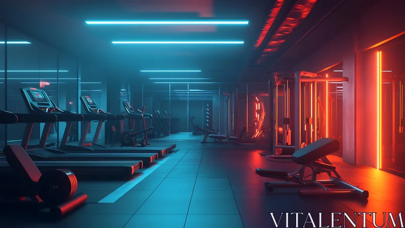 Empty modern gym interior shows neon blue and red lighting