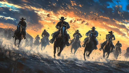Dust-charged cowboy cavalry storm under blazing sunset sky.