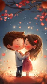 Young couple kissing beneath autumn leaves at sunset.