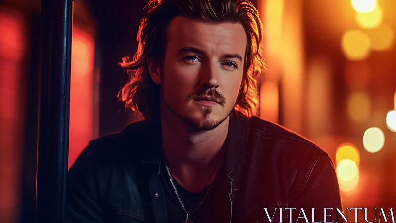 Moody portrait of young man in warm neon city light.