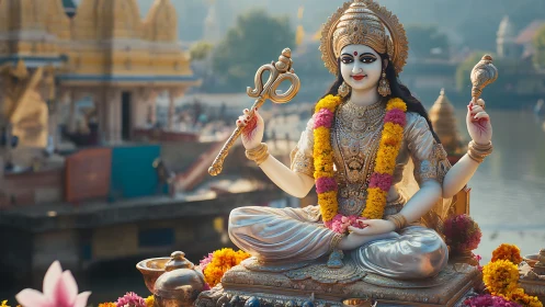Silver river goddess smiles amid marigold garland constellations