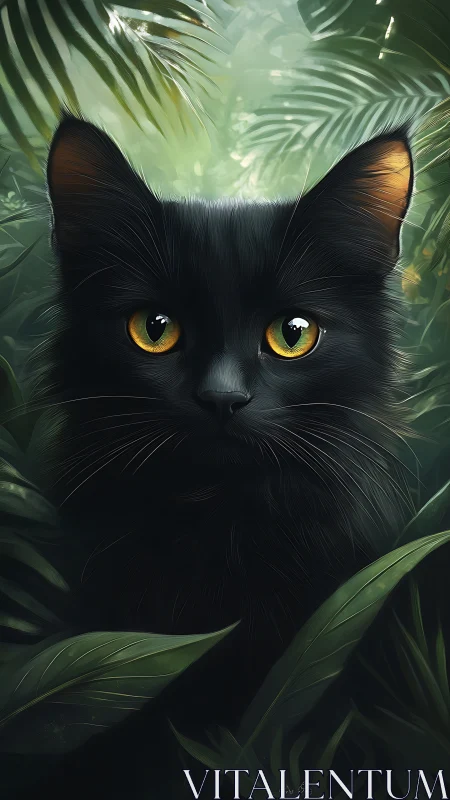 Black cat with golden eyes watches silently in jungle foliage