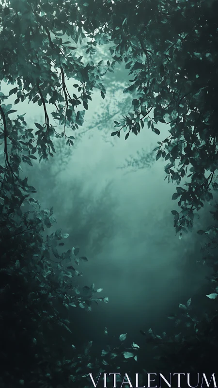 Misty Forest Canopy. Nature's Green Veil Through Foliage.