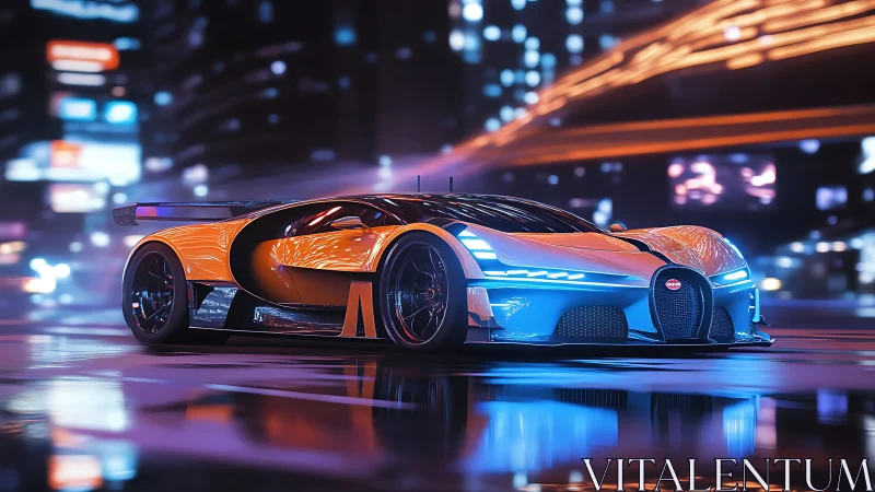 Orange and blue hypercar in neon lit futuristic city street.