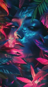Neon-shrouded portrait within bioluminescent jungle glow.