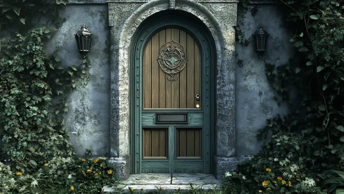 Enchanted ivy-framed wooden door in a stone garden wall.