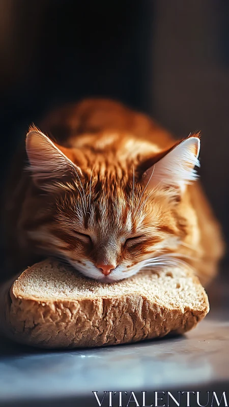 Golden Tabby Cat Resting on Artisan Bread Loaf. Professional Studio Portrait.