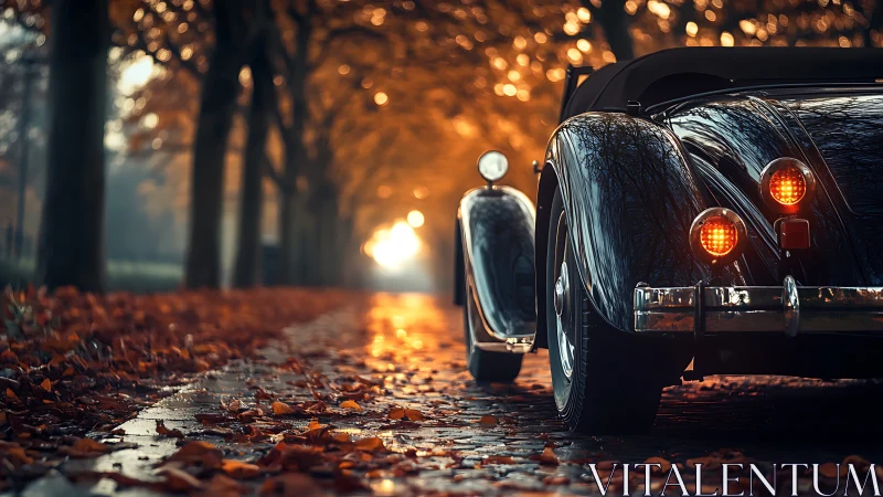 Autumn boulevard farewell with a gleaming vintage roadster.