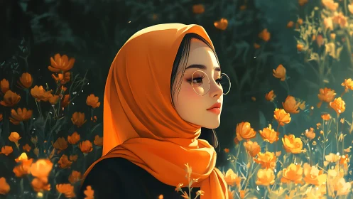Portrait in amber hijab balances bokeh florals and soft light