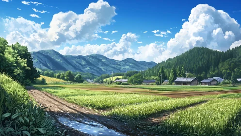 Rural mountain fields under bright summer sky panorama.
