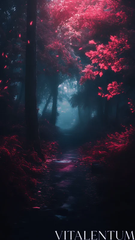 Crimson Forest Path: Ethereal Journey Through Neon Woods.