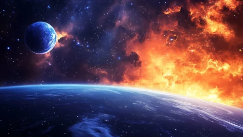 Fiery cosmic sunrise paints a distant blue world in light