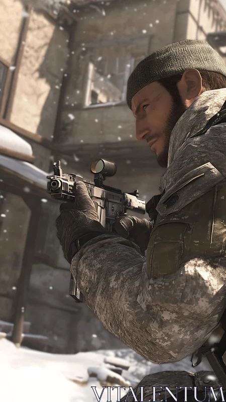 Tactical soldier in winter environment holding scoped assault rifle