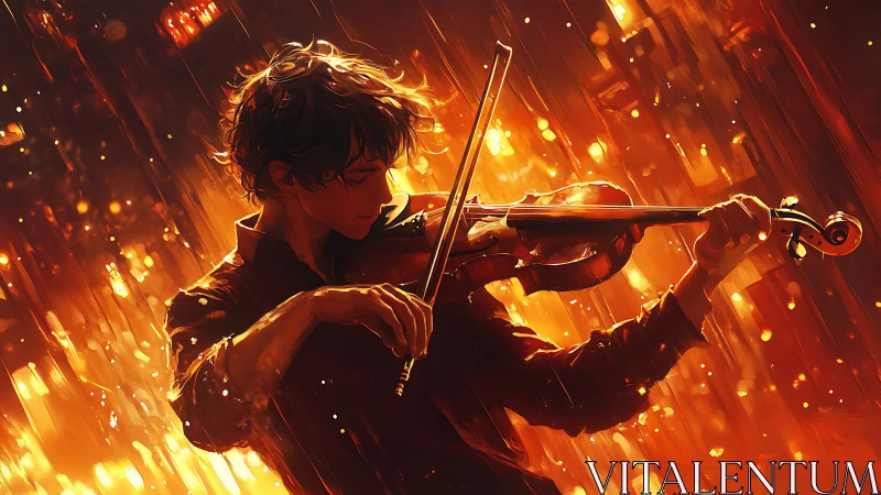 Violinist plays in intense orange glow of falling light.