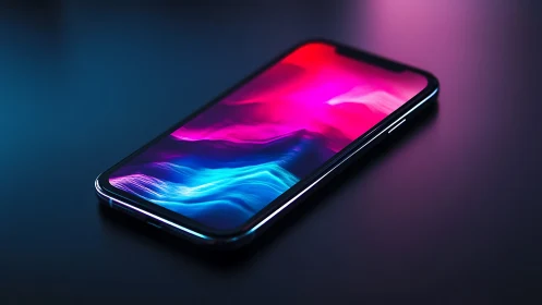 Modern smartphone with neon gradient display against dark background.