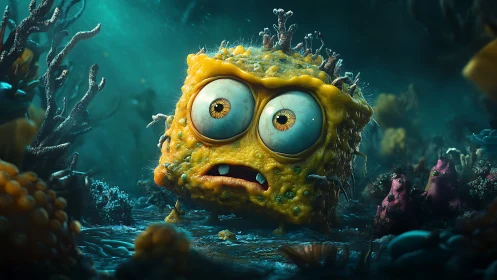 Distressed mutant sponge creature gasps in eerie seafloor gloom