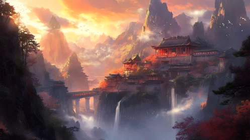 Sunlit cliffside temple complex amid misty waterfalls and peaks