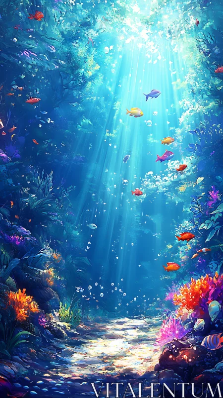 Sunlit coral reef canyon with colorful tropical fish schools.