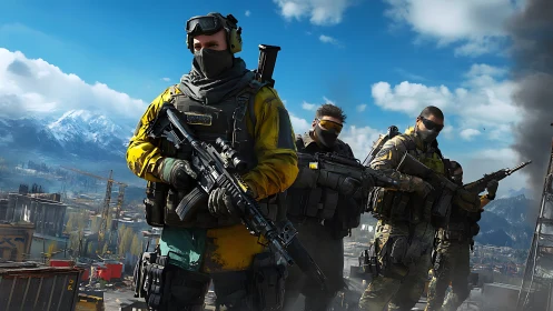 Four armed soldiers advance across industrial rooftop terrain