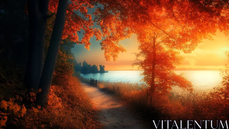 Sunlit lakeside path framed by glowing autumn foliage.