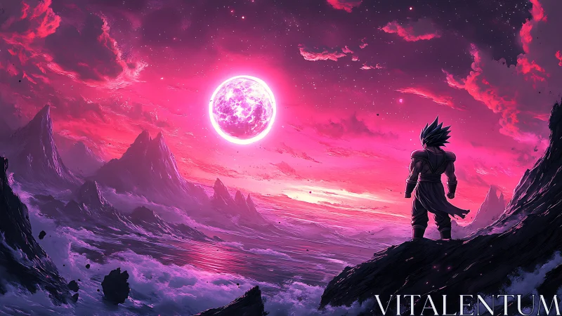 Saiyan warrior surveys neon alien coastline under crimson star.