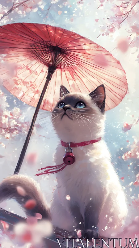 Siamese kitten holding pink umbrella beneath falling blossoms