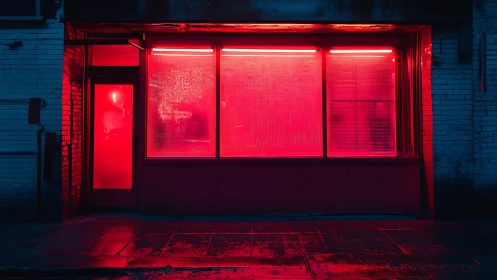 Red neon storefront facade casts saturated light onto wet pavement