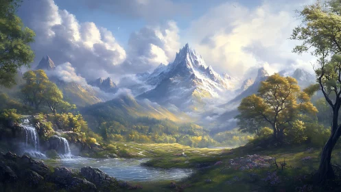 Majestic snow peak above tranquil valley and waterfalls.