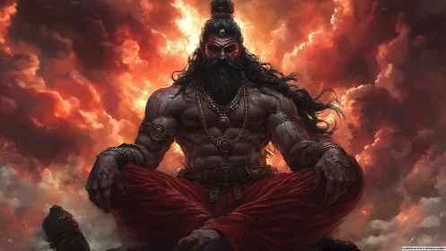 Mythic warrior sage meditating amid burning storm clouds.