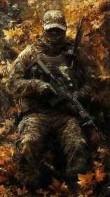 Camouflaged soldier crouched in autumn forest foliage
