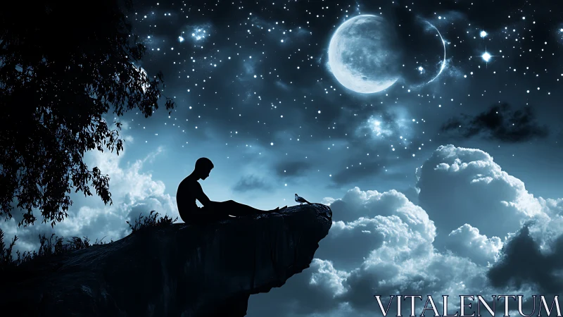 Digital nocturne with silhouetted figure above lunar cloudscape.