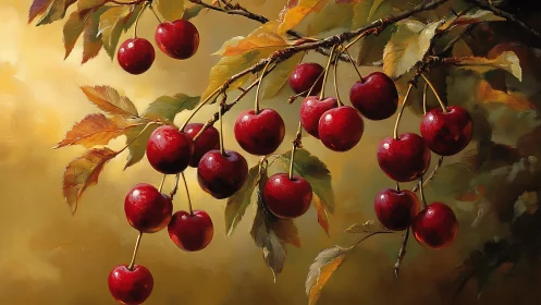 Sunlit cherry branches glow with rich, ripe summer color